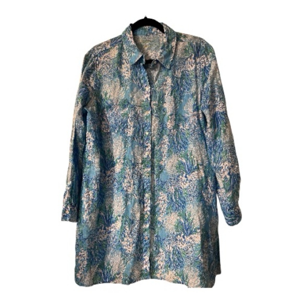 Lilly Pulitzer Swim 100% Linen Sea View Cover Up Dress Tunic Blue Large